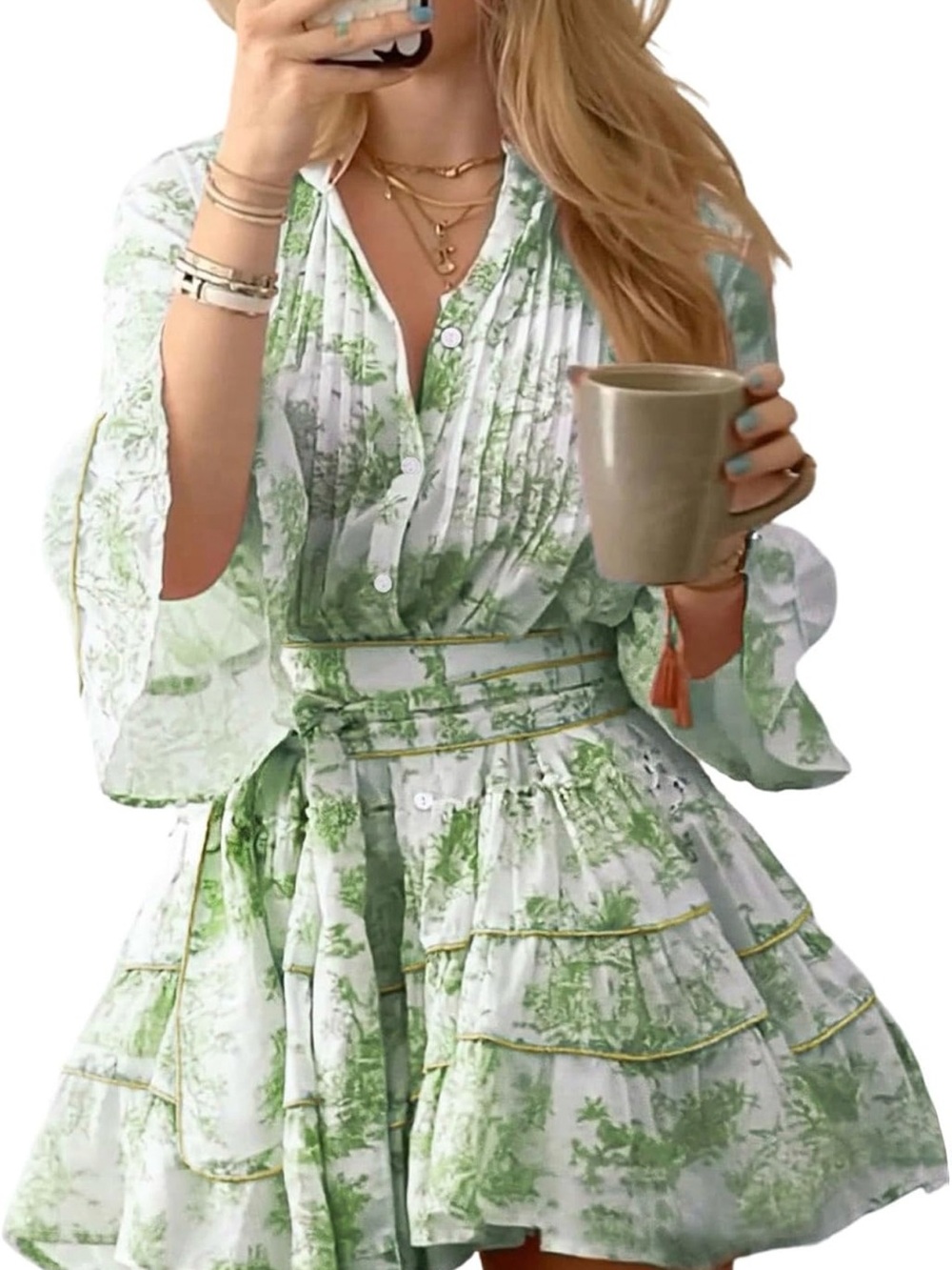 Women’s Green Floral Tiered Button-Front Mini Dress
